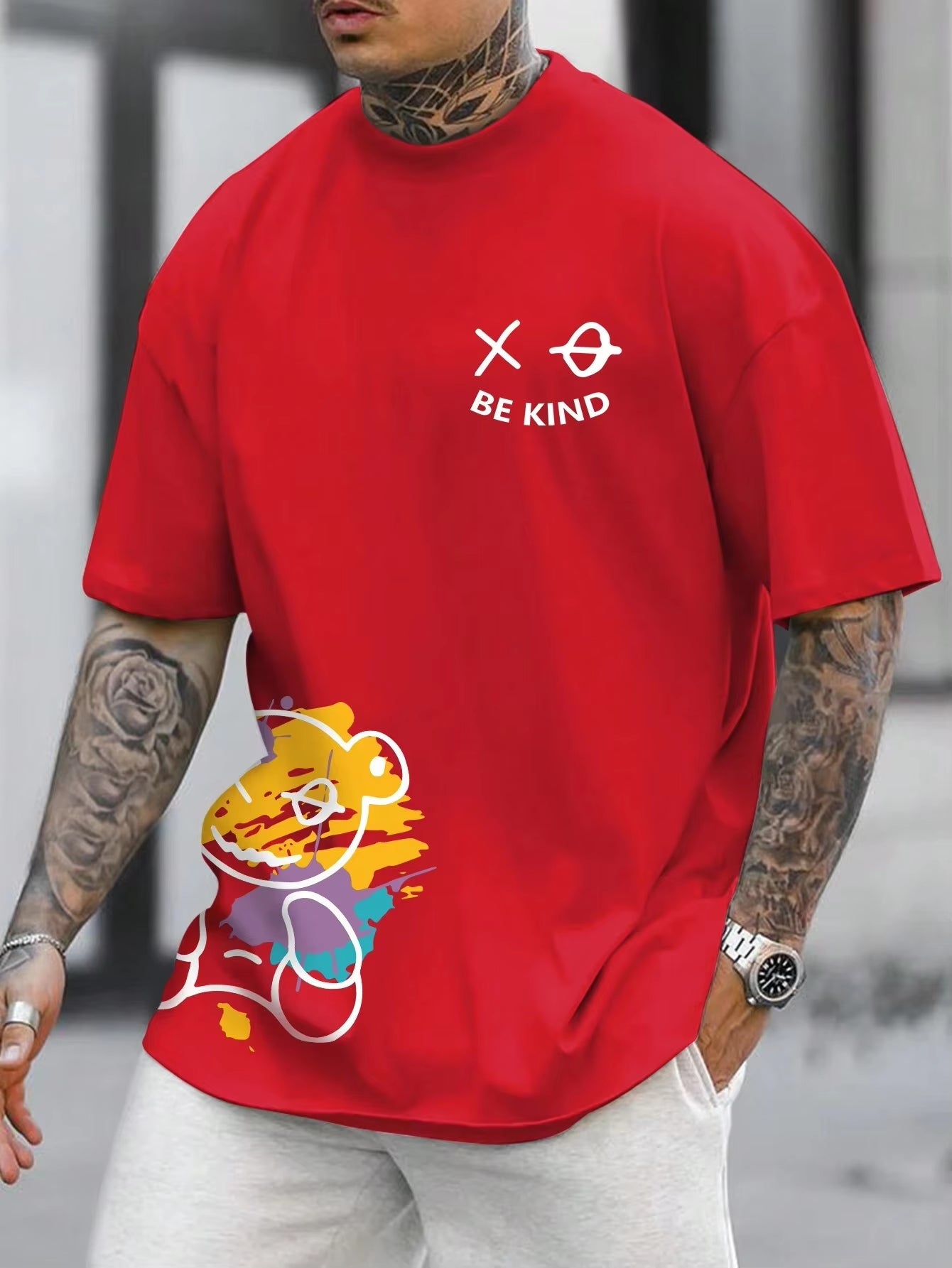 Men's 100% Cotton BE KIND Cartoon Print Casual Loose-Fit Summer T-Shirt