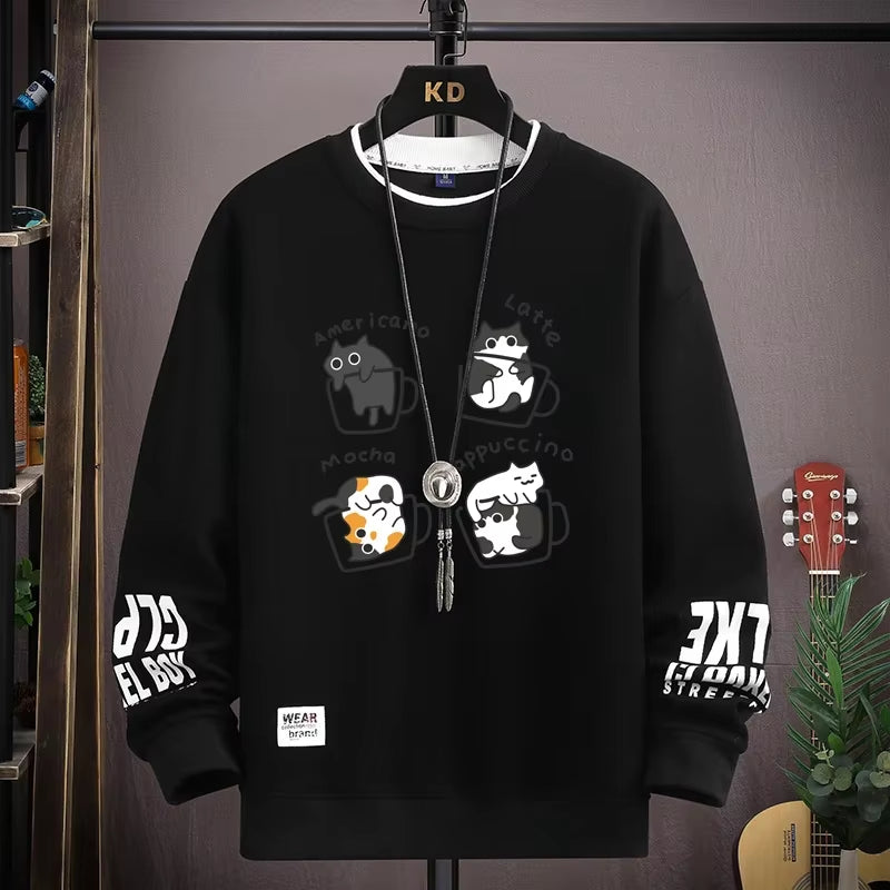 Trendy Khaki Cartoon Cat Sweatshirt for Men