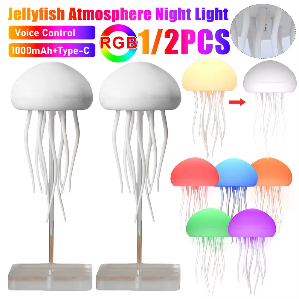 RGB Gradient Jellyfish Night Light with Voice Control and Type-C Charging - Cute Bedside LED Lamp