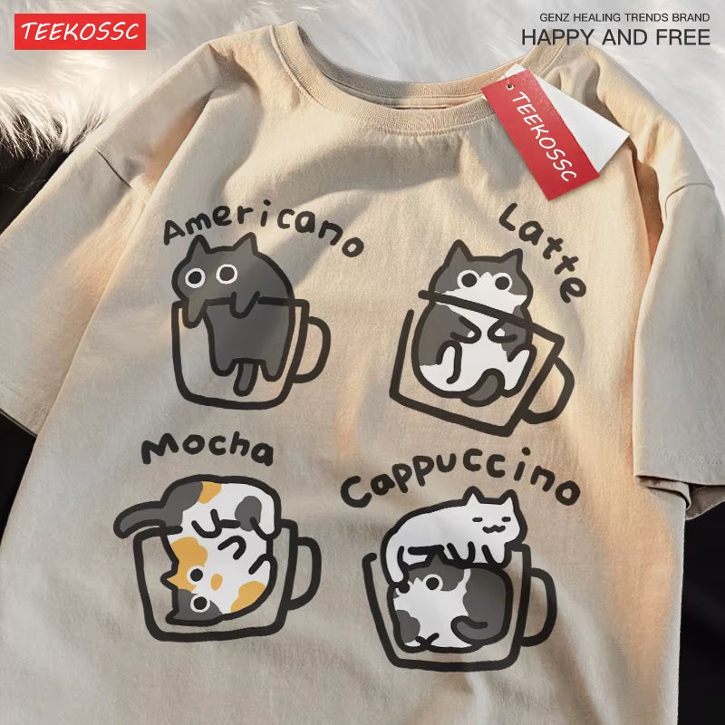 Trendy Cat Coffee Tees - Summer Short Sleeve Pure Cotton - Fun Mocha Latte Design for Men & Women