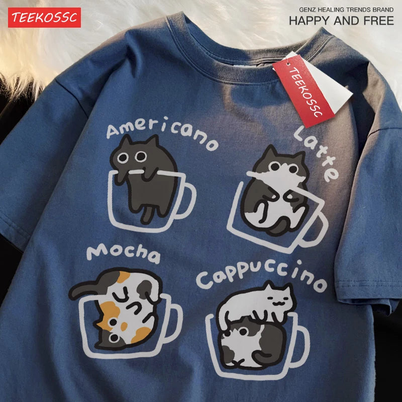 Trendy Cat Coffee Tees - Summer Short Sleeve Pure Cotton - Fun Mocha Latte Design for Men & Women