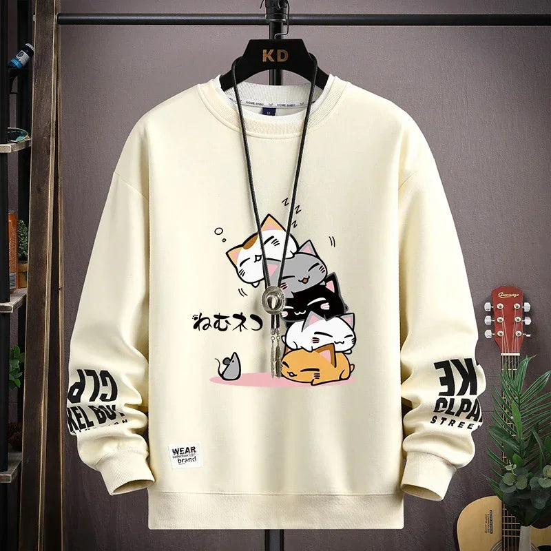 Trendy Khaki Cartoon Cat Sweatshirt for Men