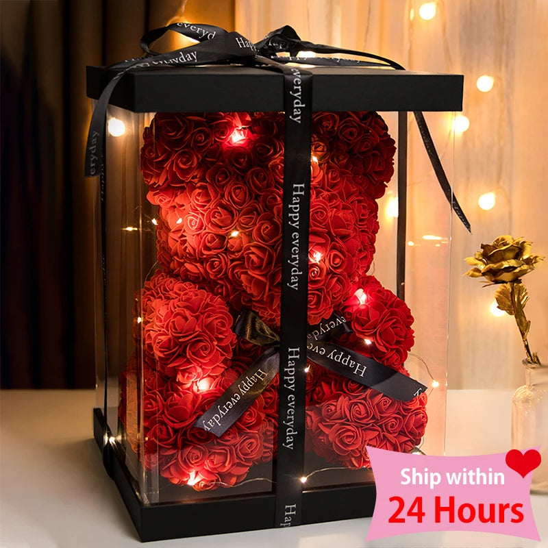 Elegant Rose Bear with Box Lights - Artificial Flower Teddy Bear Gift for Women and Girlfriends - Perfect for Birthdays and Romantic Occasions