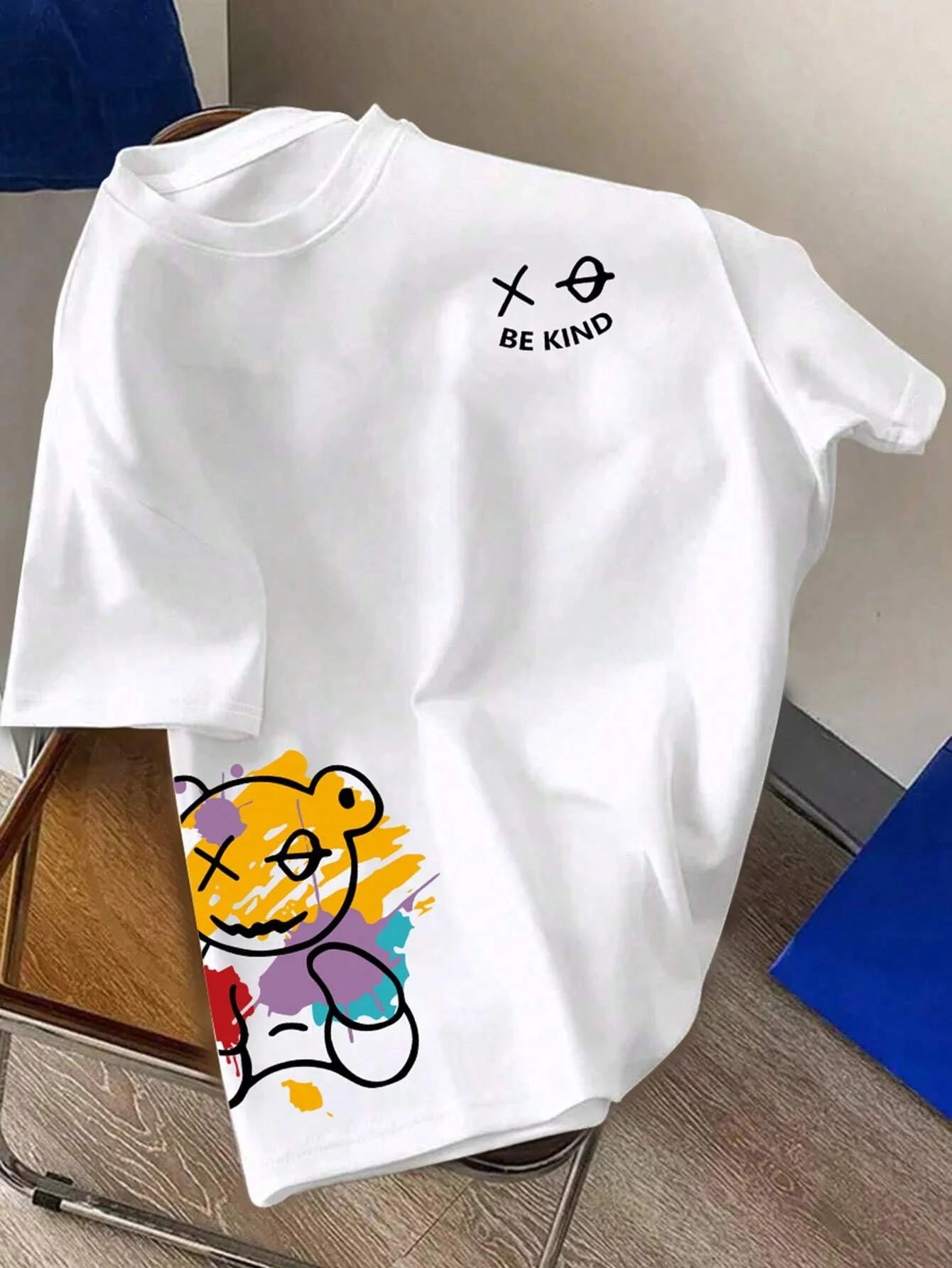 Men's 100% Cotton BE KIND Cartoon Print Casual Loose-Fit Summer T-Shirt