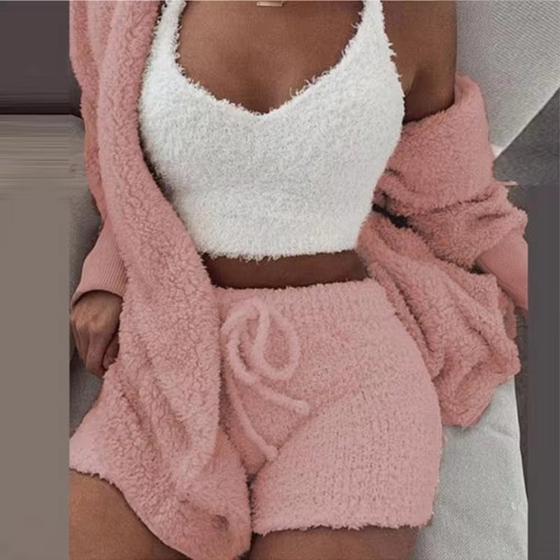 Fluffy Pajamas Set - Tank Top and Shorts plus Size Hoodie