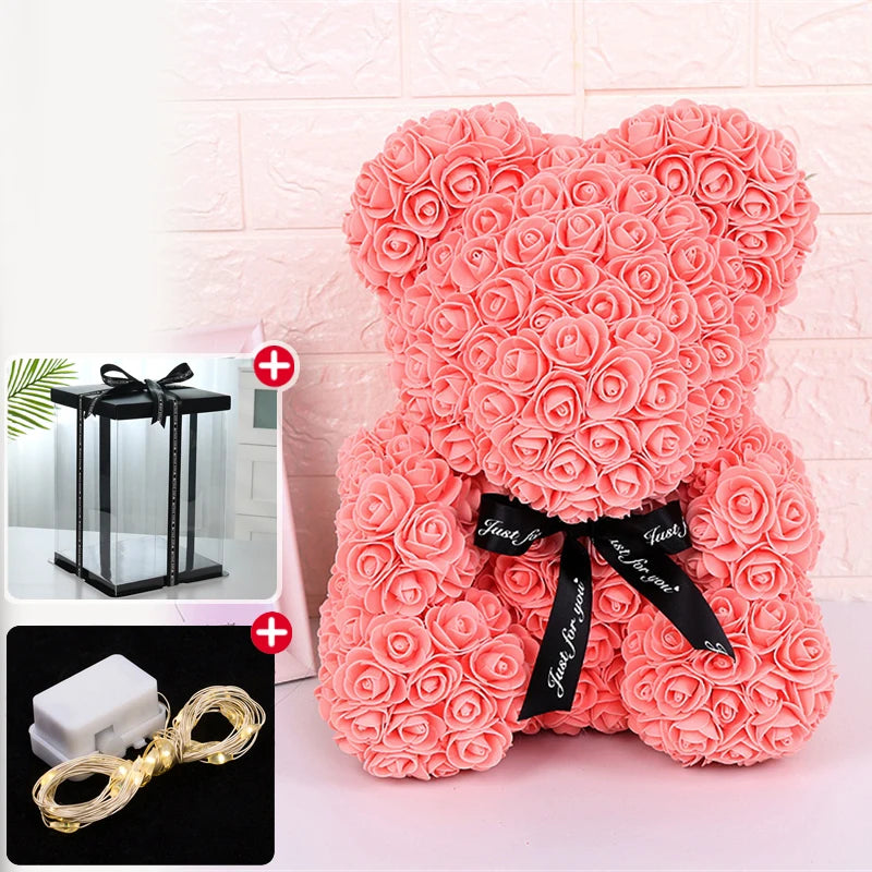 Elegant Rose Bear with Box Lights - Artificial Flower Teddy Bear Gift for Women and Girlfriends - Perfect for Birthdays and Romantic Occasions