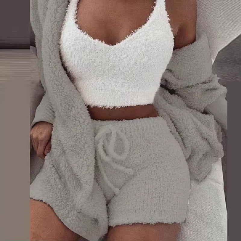 Fluffy Pajamas Set - Tank Top and Shorts plus Size Hoodie